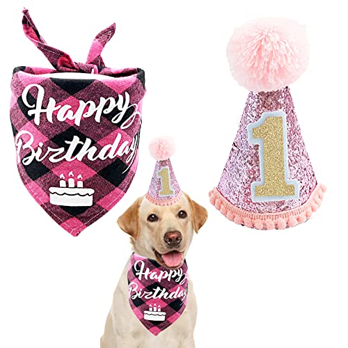 PET SHOW Pink Small Dog First Birthday Party Hat and Bandana Set for Puppies Cats 1 st Birthday Gift Cone Hat Headband Plaid Bandana Grooming Accessories Costume