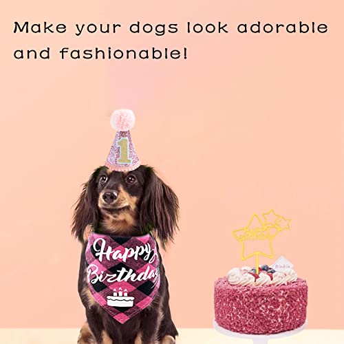 PET SHOW Pink Small Dog First Birthday Party Hat and Bandana Set for Puppies Cats 1 st Birthday Gift Cone Hat Headband Plaid Bandana Grooming Accessories Costume