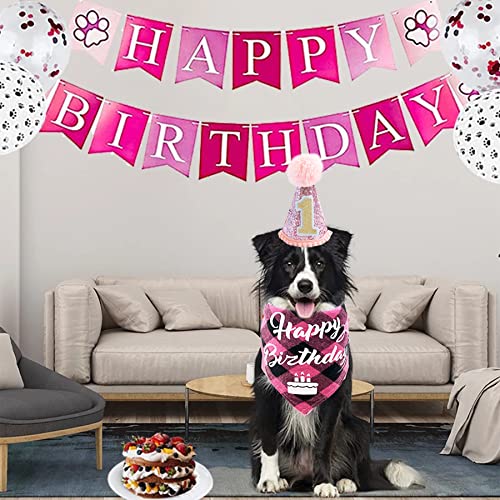 PET SHOW Pink Small Dog First Birthday Party Hat and Bandana Set for Puppies Cats 1 st Birthday Gift Cone Hat Headband Plaid Bandana Grooming Accessories Costume