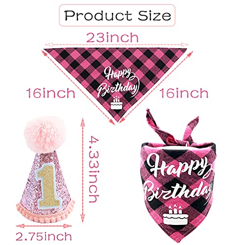 PET SHOW Pink Small Dog First Birthday Party Hat and Bandana Set for Puppies Cats 1 st Birthday Gift Cone Hat Headband Plaid Bandana Grooming Accessories Costume