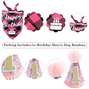 PET SHOW Pink Small Dog First Birthday Party Hat and Bandana Set for Puppies Cats 1 st Birthday Gift Cone Hat Headband Plaid Bandana Grooming Accessories Costume