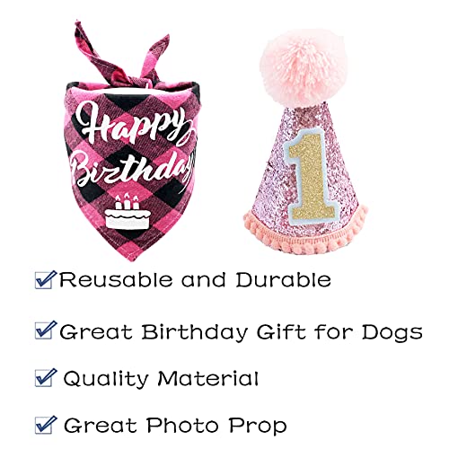 PET SHOW Pink Small Dog First Birthday Party Hat and Bandana Set for Puppies Cats 1 st Birthday Gift Cone Hat Headband Plaid Bandana Grooming Accessories Costume