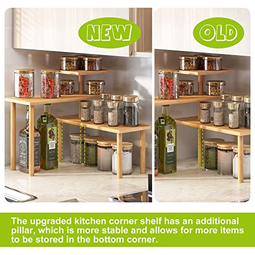 BMOSU Kitchen Corner Shelf Countertop Organizer Adjustable Spice Rack Corner Display Rack Shelf Cabinet Corner Rack 3 Tier Storage Organization Bamboo for Kitchen Bathroom Office Counter Shelves