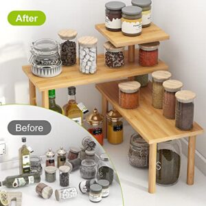 BMOSU Kitchen Corner Shelf Countertop Organizer Adjustable Spice Rack Corner Display Rack Shelf Cabinet Corner Rack 3 Tier Storage Organization Bamboo for Kitchen Bathroom Office Counter Shelves