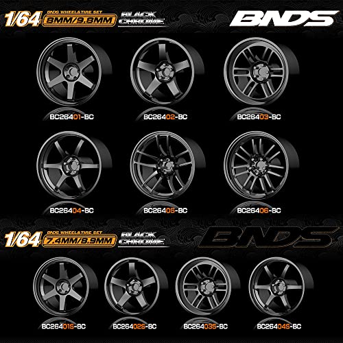 BNDS 1/64 Scale ABS Wheels Rubber Tires with Axles Plastict Material (4pcs/1 Kit) Modified Detail Up Parts for 1:64 Diecast Model Cars (BC26402S, Black Chrome)