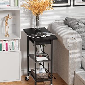 Egepon End Table with Charging Station, Side Table Narrow Flip Top with USB Ports & Power Outlets for Small Spaces, Sofa Table Nightstand with Storage Shelves Rolling Wheels for Living Room Bedroom