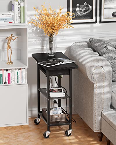 Egepon End Table with Charging Station, Side Table Narrow Flip Top with USB Ports & Power Outlets for Small Spaces, Sofa Table Nightstand with Storage Shelves Rolling Wheels for Living Room Bedroom