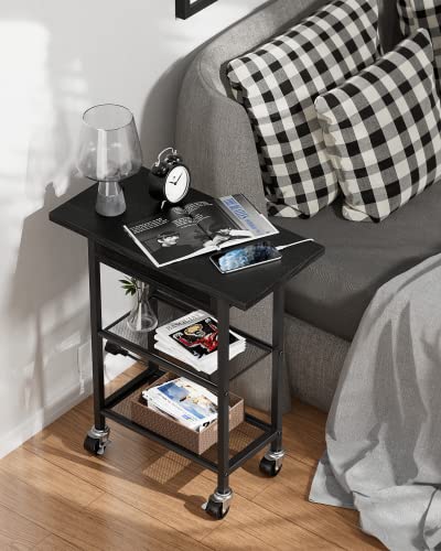 Egepon End Table with Charging Station, Side Table Narrow Flip Top with USB Ports & Power Outlets for Small Spaces, Sofa Table Nightstand with Storage Shelves Rolling Wheels for Living Room Bedroom