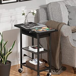 Egepon End Table with Charging Station, Side Table Narrow Flip Top with USB Ports & Power Outlets for Small Spaces, Sofa Table Nightstand with Storage Shelves Rolling Wheels for Living Room Bedroom