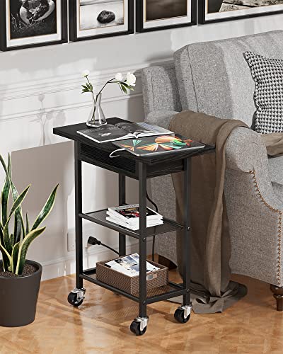 Egepon End Table with Charging Station, Side Table Narrow Flip Top with USB Ports & Power Outlets for Small Spaces, Sofa Table Nightstand with Storage Shelves Rolling Wheels for Living Room Bedroom