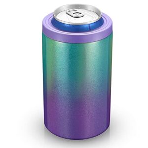 can cooler for 12oz standard can/bottle cooler, stainless steel, dishwasher safe, double-wall insulated can sleeve for standard size 12oz beer/drinking can cooler bottle (purple green)