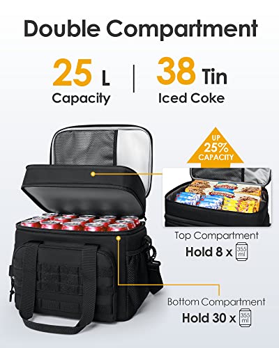 TACTICISM Double Deck Lunch Box for Men 38 Cans Tactical MOllE Lunch Bag, Up to 12 Hours Insulated lunchbox, Large Soft Leakproof Lunch Cooler Adult, for Work Camping Fishing Hiking, Black
