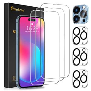 natubeau 3 pack screen protector for iphone 14 pro max 6.7" with 3 pack camera lens protector, hd clear tempered glass iphone 14 pro max screen protector, 9h hardness, scratch resistant, easy install, bubble free, case friendly