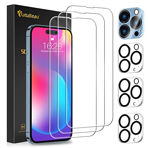 NatuBeau 3 Pack Screen Protector for iPhone 14 Pro Max 6.7" with 3 Pack Camera Lens Protector, HD Clear Tempered Glass iPhone 14 Pro Max Screen Protector, 9H Hardness, Scratch Resistant, Easy Install, Bubble Free, Case Friendly