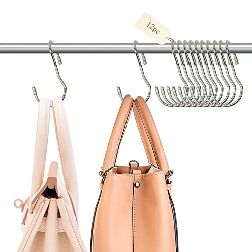 12 Pack Purse Hanger for Closet, DSVENROLY Unique Twist Design Closet Organizer Hanger Hooks, Closet Hooks for Hanging Purses Handbags Clothes Pans and Pots (Silver)