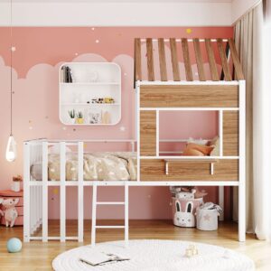 harper & bright designs metal house loft bed twin, kids low loft bed with roof & window, twin size loft bed with guardrail for girls boys, white+mdf