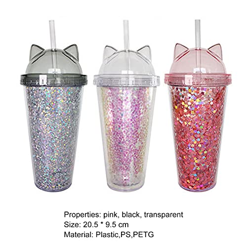 HOVTOIL 420ml Kawaii Water Bottle with Lids and Straws, Glitter Double Wall Drinking Cup, Lovely Cat Ear Water Bottles for Girls Boys School Office Travel Black