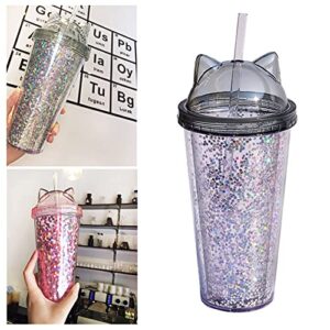 HOVTOIL 420ml Kawaii Water Bottle with Lids and Straws, Glitter Double Wall Drinking Cup, Lovely Cat Ear Water Bottles for Girls Boys School Office Travel Black