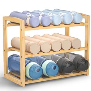 calm cozy water bottle organizer, 3 tier bamboo water bottle rack, cup organizer for kitchen cabinets, plastic water bottle holder for cabinet, pantry, kitchen countertop, dining