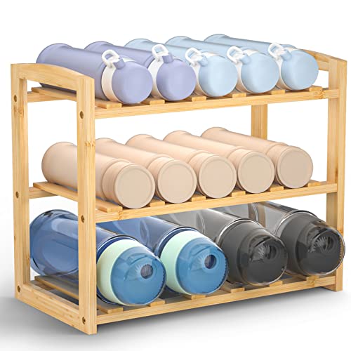 CALM COZY Water Bottle Organizer, 3 Tier Bamboo Water Bottle Rack, Cup Organizer for Kitchen Cabinets, Plastic Water Bottle Holder for Cabinet, Pantry, Kitchen Countertop, Dining