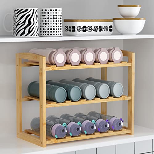 CALM COZY Water Bottle Organizer, 3 Tier Bamboo Water Bottle Rack, Cup Organizer for Kitchen Cabinets, Plastic Water Bottle Holder for Cabinet, Pantry, Kitchen Countertop, Dining