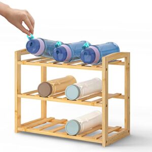 CALM COZY Water Bottle Organizer, 3 Tier Bamboo Water Bottle Rack, Cup Organizer for Kitchen Cabinets, Plastic Water Bottle Holder for Cabinet, Pantry, Kitchen Countertop, Dining