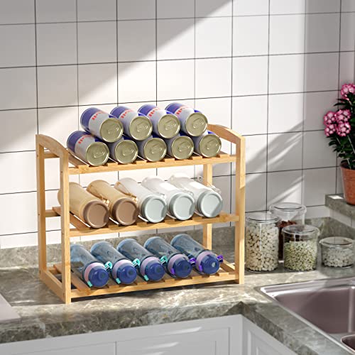 CALM COZY Water Bottle Organizer, 3 Tier Bamboo Water Bottle Rack, Cup Organizer for Kitchen Cabinets, Plastic Water Bottle Holder for Cabinet, Pantry, Kitchen Countertop, Dining