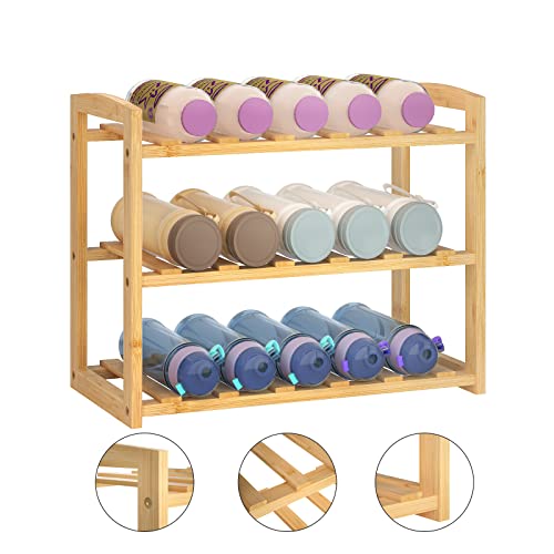 CALM COZY Water Bottle Organizer, 3 Tier Bamboo Water Bottle Rack, Cup Organizer for Kitchen Cabinets, Plastic Water Bottle Holder for Cabinet, Pantry, Kitchen Countertop, Dining