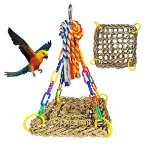 Bird Foraging Cage Toy, Seagrass Woven Climbing Hammock Swing Mat with Colorful Chewing Rope Toys, Suit for Lovebirds, Finch, Parakeets, Conure, Cockatiel