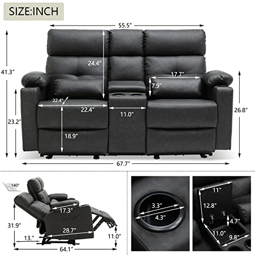 Consofa 68'' Loveseat Recliner, Power Reclining Loveseat, PU Leather Reclining Loveseat with Console, Recliner Loveseat with Heat and Massage, Cup Holders, Lumbar Support for Living Room