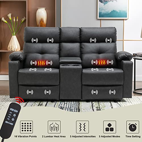 Consofa 68'' Loveseat Recliner, Power Reclining Loveseat, PU Leather Reclining Loveseat with Console, Recliner Loveseat with Heat and Massage, Cup Holders, Lumbar Support for Living Room