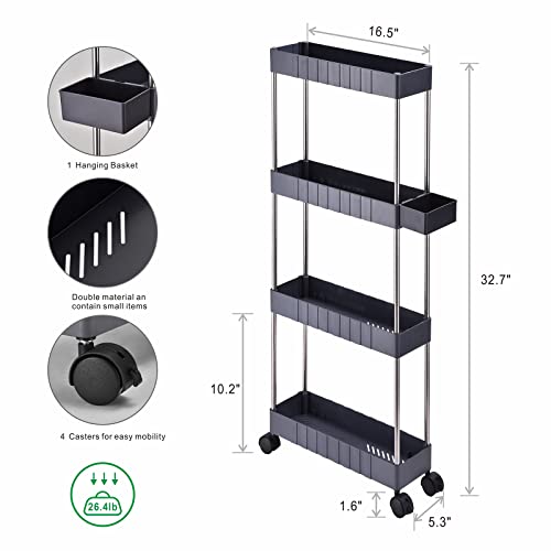 L&H UNICO 4-Tier Slim Rolling Storage Cart Small Kitchen Mobile Shelving Unit Organizer Perfect for Tight Spaces with Little Storage Basket, Gray