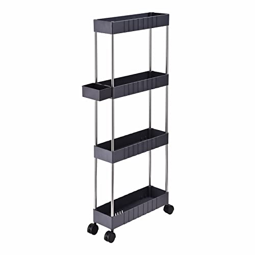 L&H UNICO 4-Tier Slim Rolling Storage Cart Small Kitchen Mobile Shelving Unit Organizer Perfect for Tight Spaces with Little Storage Basket, Gray