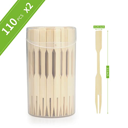 2 Packs Mini Bamboo Forks 3.5 inch, Small Forks for Appetizers, Cocktail Forks Fruit Forks, Toothpicks for Appetizer, Disposable Wooden/Wood Food Picks for Charcuterie Board Accessories. 220 PCS