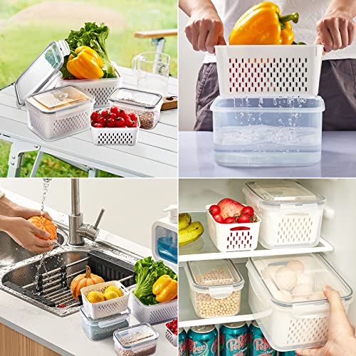 Fruit Grape Storage Containers for Fridge 3 Pack - Produce Fruit Fresh Saver Containers with Lids, Drain Baskets and 20 PCS Reusable Food Storage Bags, Bins BPA-Free for Veggie Berry Salad Lettuce