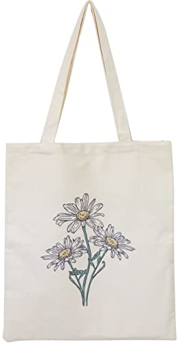 Canvas Floral Botanical Tote Bag for Women, Reusable Grocery Bags, Cute Cat Tote Bags Aesthetic for Shopping