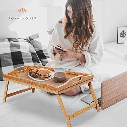 RoyalHouse Premium Bamboo Bed Tray, Breakfast Tray with Folding Legs, Portable Lap Tray Pack of 2