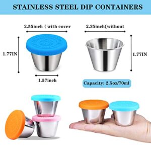 4 Pack 2.4 oz Salad Dressing Container To Go, Reusable Condiment Containers with Lids, Leakproof, Easy Open, Stainless Steel Small Dipping Sauce Cup Container with Premium Silicone Lids for Lunch