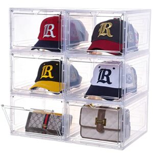 hat organizer for baseball caps,set of 6, transparent hat storage box, hat holder with clear magnetic door, stackable hat rack, easy to assemble stylish hat display(13.5 "x 10.6" x 7.5 ")