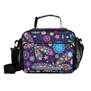 glaphy dragonfly and flowers lunch bag, cooler lunch box insulated lunch tote bags food container for men women kids
