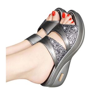 Beach Sandals Toe Shoes Women's Casual Solid Peep Summer Sandals Wedge Platform Fashion Ladies Women's Sandals (Silver, 8)