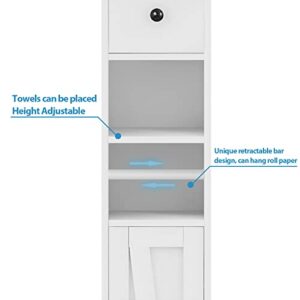 Bathroom Cabinet with Adjustable Shelf, Storage Cabinet for Small Space, Tall Bathroom Storage Cabinet with Retractable Toilet Paper Rod, Narrow Cabinet with 2 Doors, 8 Storage Compartments (White)