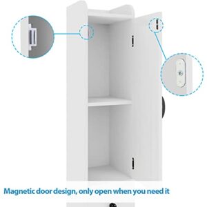 Bathroom Cabinet with Adjustable Shelf, Storage Cabinet for Small Space, Tall Bathroom Storage Cabinet with Retractable Toilet Paper Rod, Narrow Cabinet with 2 Doors, 8 Storage Compartments (White)