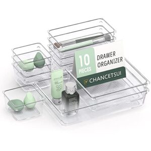 chancetsui 10 pcs desk drawer organizer non-slip organiser trays, 4-size clear plastic drawer storage boxes, drawer organizer dividers for makeup, kitchen, bedroom, bathroom, office