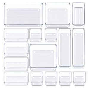 16 pcs drawer organizer set clear plastic drawer organizer trays with non-slip silicone pads, 5-size desk drawer organizers and storage bins for makeup, jewelry, bathroom, office and kitchen