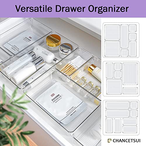 16 PCS Drawer Organizer Set Clear Plastic Drawer Organizer Trays with Non-Slip Silicone Pads, 5-Size Desk Drawer Organizers and Storage Bins for Makeup, Jewelry, Bathroom, Office and Kitchen