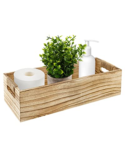 MOVNO Bathroom Decor Box, Wooden Toilet Paper Holder with Artificial Potted Plant, Toilet Tank Box Toilet Paper Storage Basket with Handles, Rustic Home Decor for Bathroom Kitchen Living Room