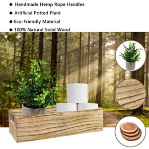 MOVNO Bathroom Decor Box, Wooden Toilet Paper Holder with Artificial Potted Plant, Toilet Tank Box Toilet Paper Storage Basket with Handles, Rustic Home Decor for Bathroom Kitchen Living Room