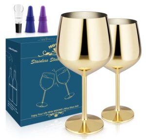 stainless steel wine glass set of 2, 18oz gold wine glass, unbreakable metal wine glasses with wine stoppers and pourer, stemmed wine goblet perfect gifts for travel outdoor party