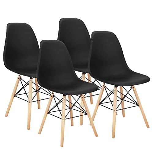 ExAchat A Set of 4 Scandinavian Design Plastic Dining Chairs with Natural Beech Legs for Dining Room, Bedroom, Lounge or Office. (Black)